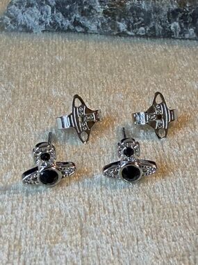 Vivienne Westwood black crystal orb stud earrings in silver tone